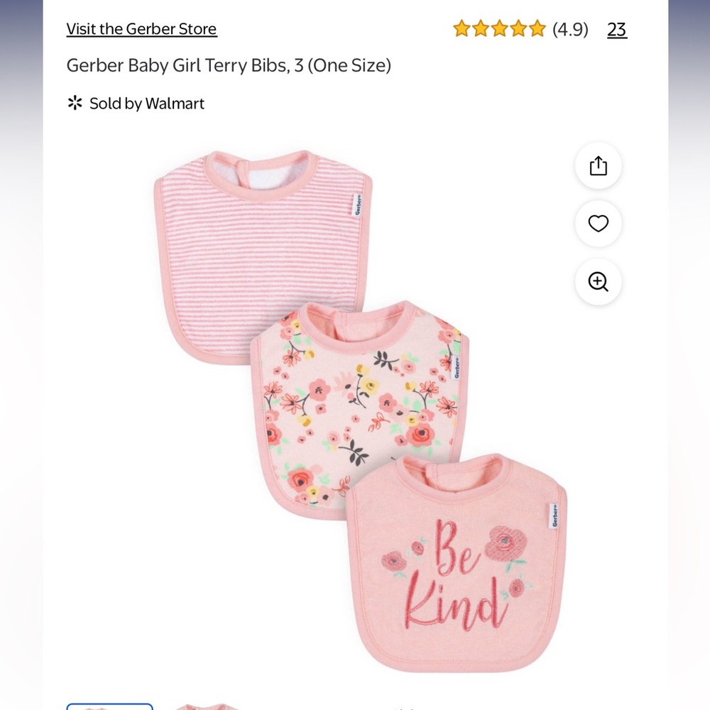 Gerber Baby Girl Terry Bibs, 3 (One Size)